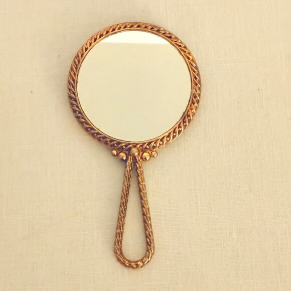 Antique Gold Hand Mirror Small Embroidered Rose Design Early 1900s Heirloom Vani - Picture 5 of 10